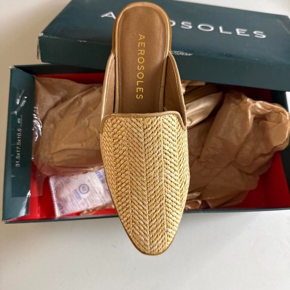 Aerosoles Emma Woven Straw Herringbone Mule Flats Tan Size 6.5